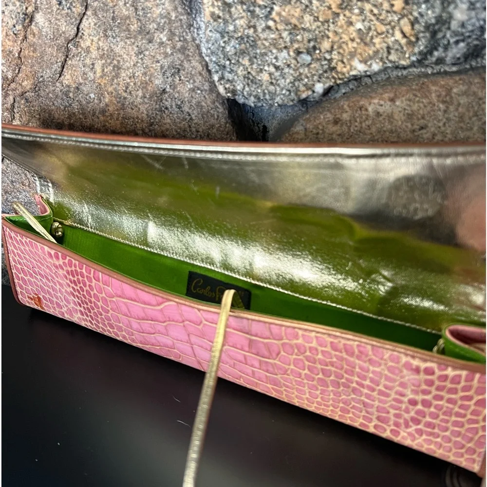 Extremely Rare Carlos Falchi Rose Croco Leather clutch w Rhinestones inlay Y2K - Picture 5 of 7